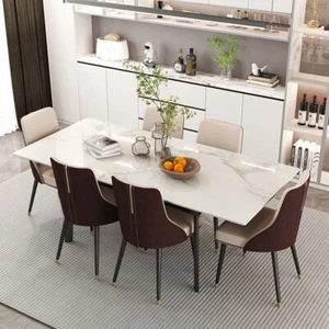 Modern Glossy Stone Top Dining Table Extendable with Smooth Rails and Iron Legs - Picture 1 of 123