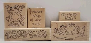 Juego de 5 estampillas de goma grandes montadas para estampar ranas retozando almohadilla de lirio - Imagen 1 de 2