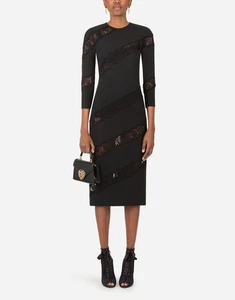 New DOLCE & GABBANA Cady & Lace Calf-Length Sheath Dress - Black - M - £2,120 - Picture 1 of 24