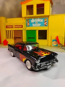 š„Majorette 1957 '57 Chevy Bel Air 1/34 Scale Diecast Black Flames Paint Vintage - Picture 1 of 8