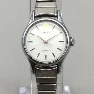 Vintage Timex Q Uhr Damen 21mm silberfarben rund Stretchband neue Batterie - Bild 1 von 15