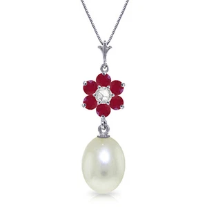 4.53 CTW 14K Solid White gold fine Necklace 16" genuine pearl Ruby Diamond - Picture 1 of 6