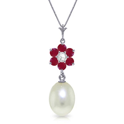 4.53 CTW 14K Solid White gold fine Necklace 16" genuine pearl Ruby Diamond - Image 1 of 4