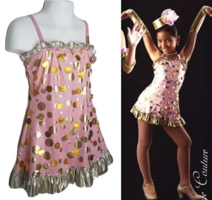 Pennies From Heaven Child Small Dance Costume Pink w/Gold Dot Dress & Mitts - Picture 1 of 8