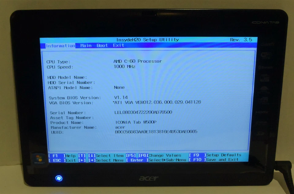 Acer Iconia W500P-BZ841 - Wi-Fi, 10.1in - NO SSD  - Black - WORKS AS IS - READ - Image 1 of 4