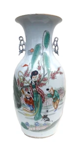 ANTIQUE CHINESE PORCELAIN VASE REPUBLIC POEMS LARGE HANDLES BOYS GEISHA - Picture 1 of 4