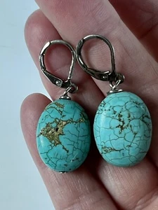 Artisan Made Oval Turquoise Silver Tone Drop Earrings - Picture 1 of 9