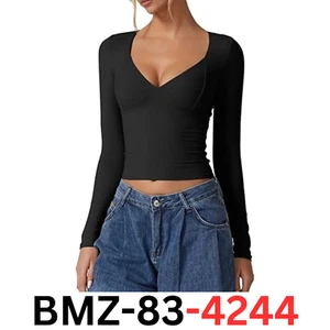 QINSEN Long Sleeve T Shirt Women Double Lined Sexy V Neck Seamed Cup Top, Blk XL - Picture 1 of 6