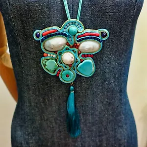 Collana Soutache Perline Turchese Blu e Multicolore Chiusura 50% Sconto! - Foto 1 di 2