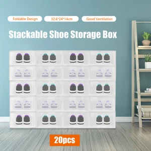20 Stackable Shoe Box Set Flip Shoes Storage Case transparent Container - Picture 1 of 12
