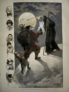 1888 “FATHER TIME WELCOMES SANTA CLAUS AND THE NEW YEAR” HAND -COLORED 23”x 17” - Picture 1 of 4