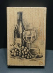 Botella de vino Inkadinkado vidrio uvas hoja de queso sello de goma montado en madera 97121 - Imagen 1 de 4