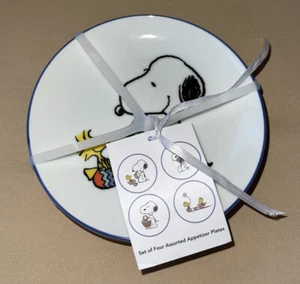 4 Peanuts Snoopy Woodstock Ceramic Appetizer Snack Plates Easter Purple Rims NEW - Picture 1 of 6