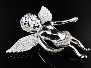 New White Gold Sterling Silver 3D Angel With Icy Wings Simulated Diamond Pendant - Picture 1 of 6