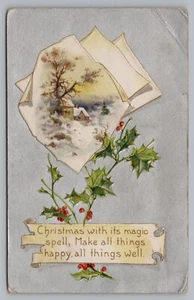 Postcard Christmas with its Magic Spell Embossed Holly Winter Scene Winsch Back - Picture 1 of 2