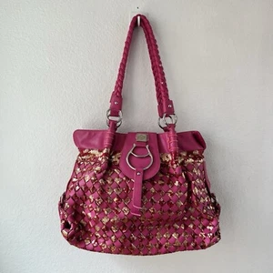 Sharif Hot Pink Gold Embossed Woven Leather Tote Bag Large Purse - Picture 1 of 11