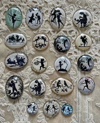 19 Vintage Fairy Art Silhouette Glass Dome Cabochons Pendants Buttons Unset Lot - Image 1 of 4