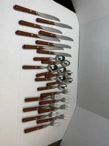 VINTAGE Mid-Century Brown RIVET HANDLE STAINLESS 24 PC FLATWARE SET Korea - Picture 1 of 6