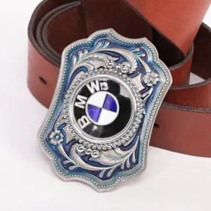 BMW Belt Buckle Solid Brass 3" w/ Genuine Leather Belt Vintage USA - Picture 1 of 4