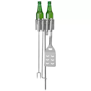 Grillbesteckhalterung für Grillgalgen, mit 2 Bierflaschenhaltern incl. Besteck - Bild 1 von 1
