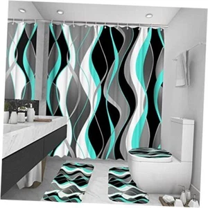 4Pcs Shower Curtain Sets with Non-Slip Rugs, Toilet Lid Cover and Turquoise - Picture 1 of 8