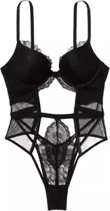 $90 VICTORIA'S SECRET VERY SEXY PUSH UP CUT OUT FLORAL LACE TEDDY BLACK XL NWT - Picture 1 of 3