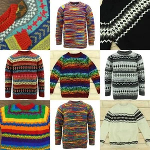 Wool Knit Jumper Sweater Pullover Fairisle Nordic Abstract Warm Nepal Loose  - Picture 1 of 81