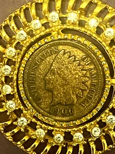 Pendant Indian 1906 Head Penny Cent  True vintage GoldTone Circled w Rhinestones - Picture 1 of 7