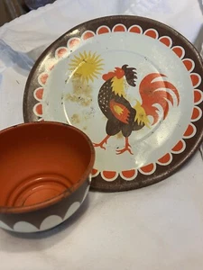 Vintage Child’s Metal Toy Plate & Cup Rooster 5” Across Plate, 2 1/2” Cup - Picture 1 of 6