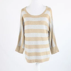 Beige gray striped shimmery COLDWATER CREEK 3/4 sleeve scoop neck sweater M - Picture 1 of 8