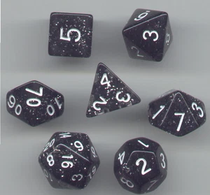 Set di 7 dadi RPG - nero glitter D4 D6 D8 D10 D12 D20 D00-90 - Foto 1 di 1