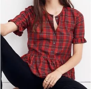 Madewell Studio Ruffle-Hem Top In Clanton Plaid Women’s Size Medium - Picture 1 of 10