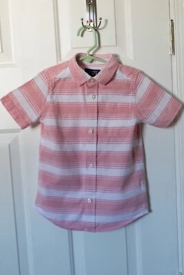 Children's Place short-sleeved, pink striped, button-up boys shirt, size 5 - Image 1 of 3