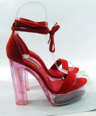 LILIANA RED 5,5"High CLEAR block Heel PEEP toe ankle strap Shoes women Size 7.5 - Image 1 of 4