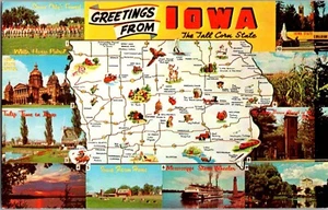 Cartolina d'epoca Saluti dall'Iowa The Tall Corn State Mappa turistica multivista - Foto 1 di 2