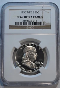 1956 Proof Franklin Half Dollar Type 2 PF69 ULTRA CAMEO NGC graded!! - Picture 1 of 4