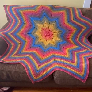 Handmade Crochet Starburst Ripple Blanket Throw Rainbow Grannycore Afghan Boho - Picture 1 of 5