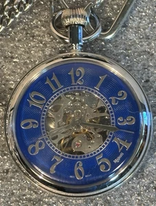 Orologio da tasca Majesti argento e blu scheletro carica manuale con cintura cassa in pelle - Foto 1 di 7