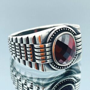 Men Simulated Ruby Round Stone Ring 925 Sterling Silver Turkish Handmade Gift