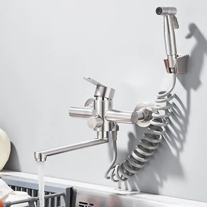 Miscelatore rubinetto lavello cucina acciaio doccetta monocomando a muro ottone - Foto 1 di 10