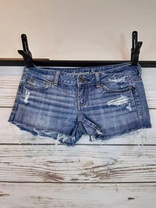 American Eagle Jean Denim Womens Shorts Size 4 Blue Distressed Raw Hem - Picture 1 of 5