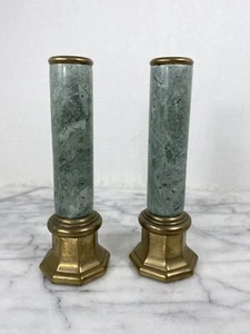 Vintage Brass Green Marble Candlestick Holders Pair 7” Classic Set Lot /2 Gold - Picture 1 of 9