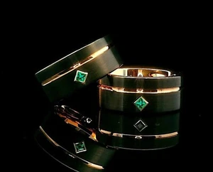 Ehering Rotgold und Schwarz mit echtem quadratischem Smaragdstein 10 mm - Bild 1 von 10