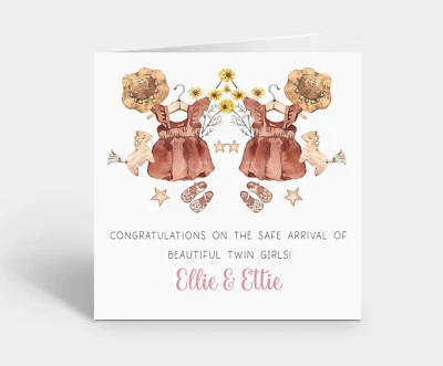 Personalised Twin Girls Card Welcome to the world - Baby Arrival Congratulations - Image 1 of 2