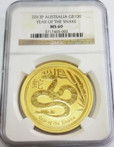 2013 GOLD AUSTRALIA 1oz $100 DOLLAR LUNAR YEAR OF SNAKE COIN NGC MS69 - Picture 1 of 2