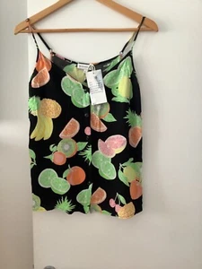 NEW Warehouse Black Fruit Print Adjustable Straps Cami Button Vest Top 12 - Picture 1 of 5