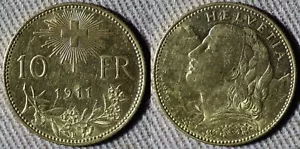 Switzerland : 1911B Gold 10 Fr CH.AU-UNC #36 IR7315 - Picture 1 of 1