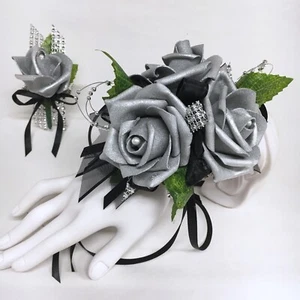 Glamour Triplo Argento Schiuma Rosa su Nero Prom Corsetto & Boutonniere Combo - Foto 1 di 1