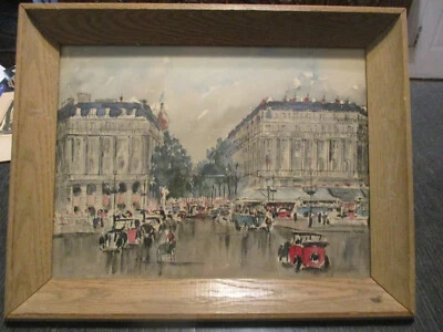 Impresión en acuarela francesa Place L'Opera Paris Guy de Neyrac enmarcada Marshall Fields Foto 1 de 4