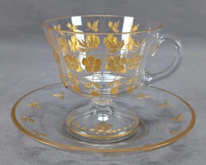 Set of 3 Moser Bohemian Gold Intaglio Engraved Pedestal Punch Cups & Saucers - Picture 1 of 10